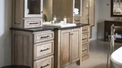 Inspirations Studio wood bathroom vanity with two sinks