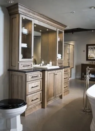 Inspirations Studio wood bathroom vanity with two sinks