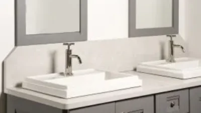 Inspirations Studio dual sink vanity with two bathroom mirrors